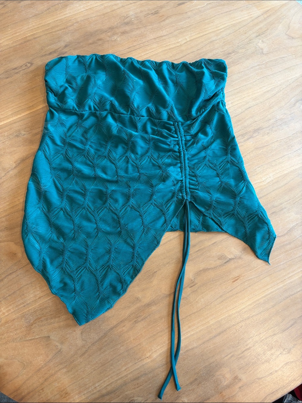 Teal Textured Strapless Drawstring Bustier Top